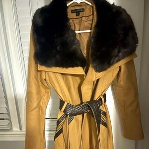 Camel color winter coat with faux fur collar and faux leather accents